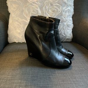 Chanel leather ankle boots. Patent leather toes. Size 7.